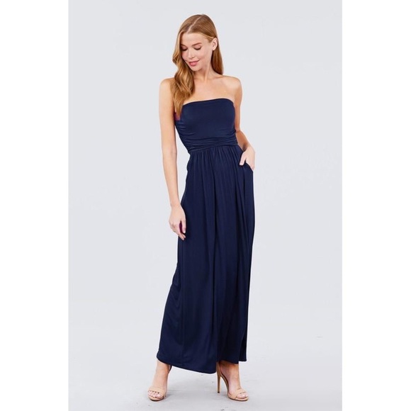 Navy Strapless Pocket Maxi Dress - Picture 1 of 4